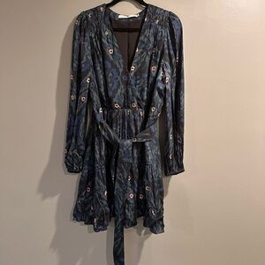 Marie Oliver Navy Blue Floral Long-Sleeve Wrap Dress with Pink Accents